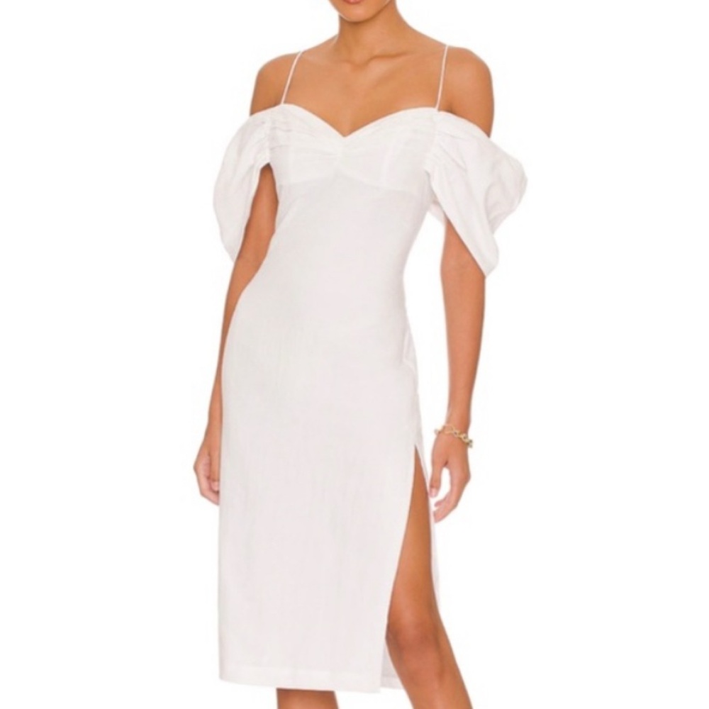 L'Academie White Off-Shoulder Midi Dress